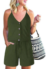 V Neck Button Down Drawstring Romper - Clearance - MVTFASHION.COM