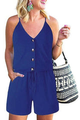 V Neck Button Down Drawstring Romper - Clearance - MVTFASHION.COM