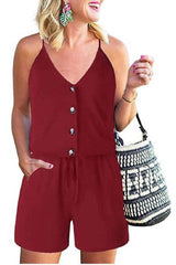 V Neck Button Down Drawstring Romper - Clearance - MVTFASHION.COM