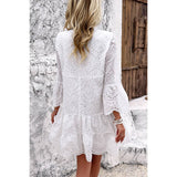 V Neck Button Flared Sleeves Hollow Out Lace Dress - MVTFASHION.COM