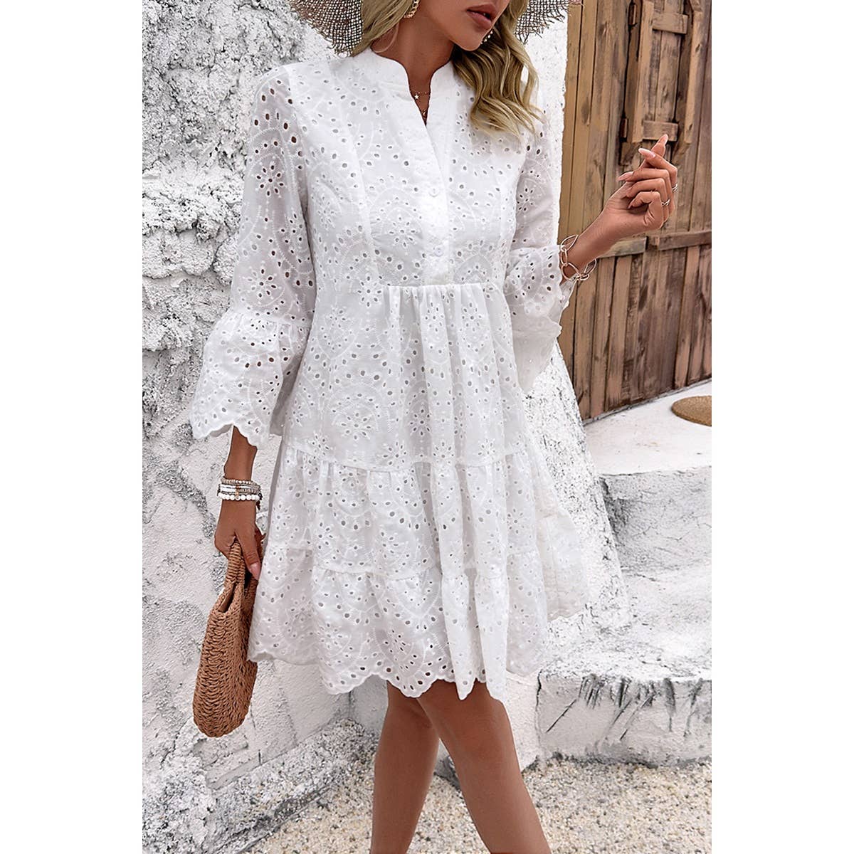 V Neck Button Flared Sleeves Hollow Out Lace Dress - MVTFASHION.COM