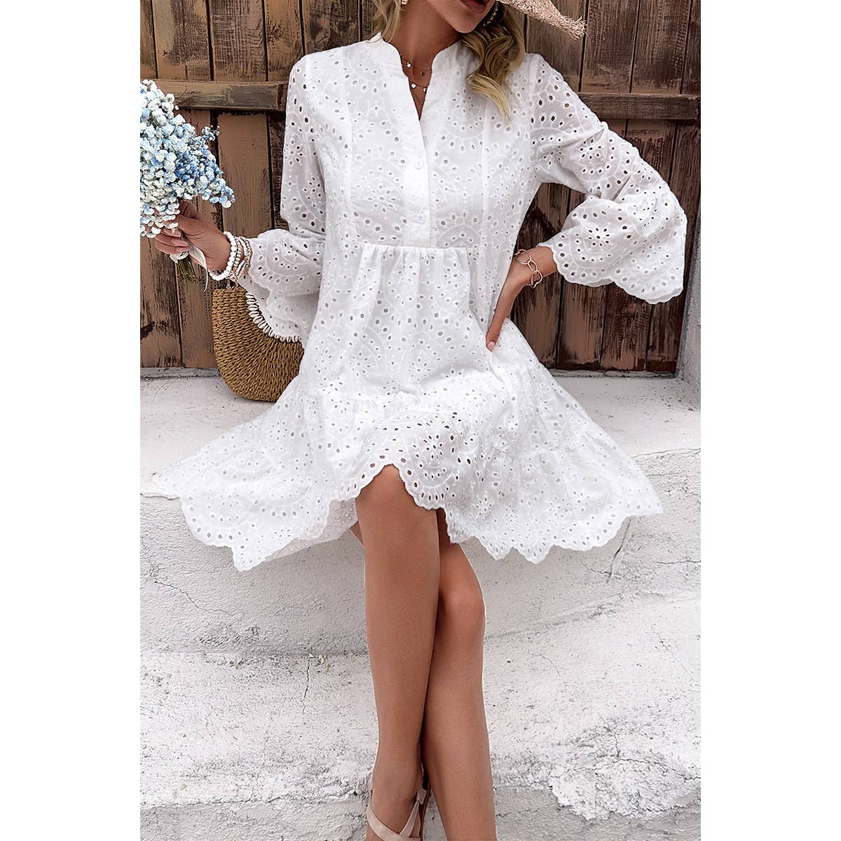 V Neck Button Flared Sleeves Hollow Out Lace Dress - MVTFASHION.COM