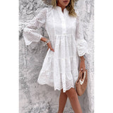 V Neck Button Flared Sleeves Hollow Out Lace Dress - MVTFASHION.COM