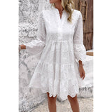 V Neck Button Flared Sleeves Hollow Out Lace Dress - MVTFASHION.COM