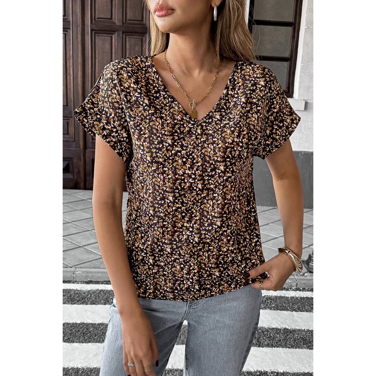 V Neck Floral Print Extended Sleeves Top - MVTFASHION.COM