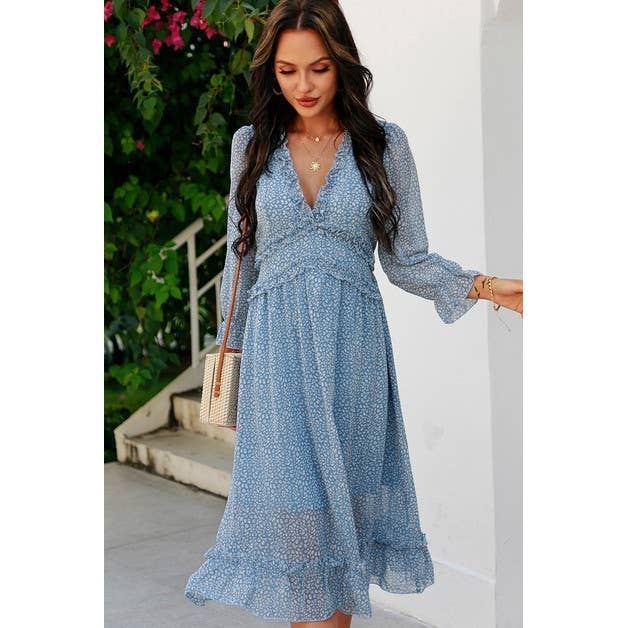 V Neck Floral Ruffle Midi Dress - MVTFASHION.COM