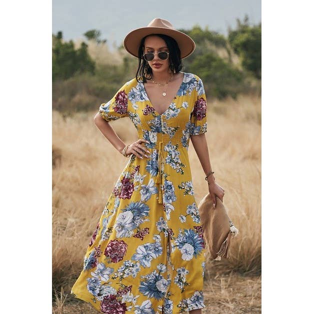 V Neck Floral Short Sleeve Dress - MVTFASHION.COM