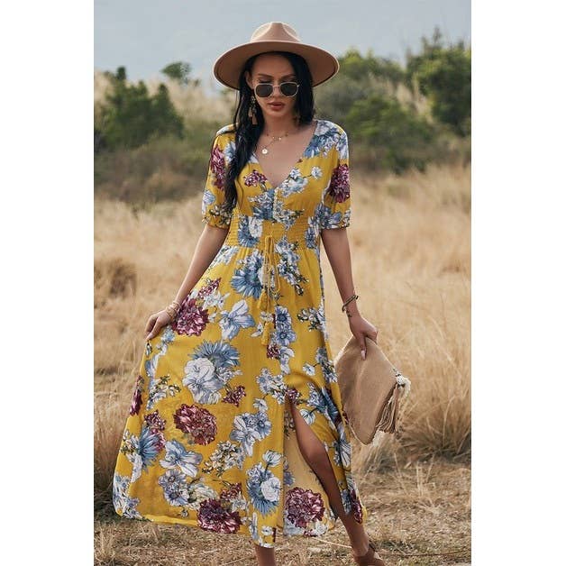 V Neck Floral Short Sleeve Dress - MVTFASHION.COM