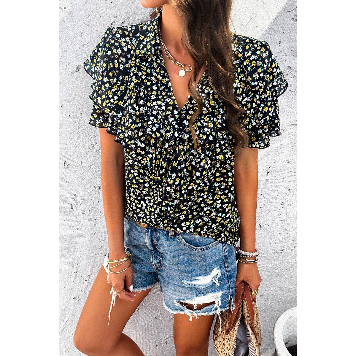 V Neck Heavy Ruffle Ditsy Print Collar Blouse - MVTFASHION.COM