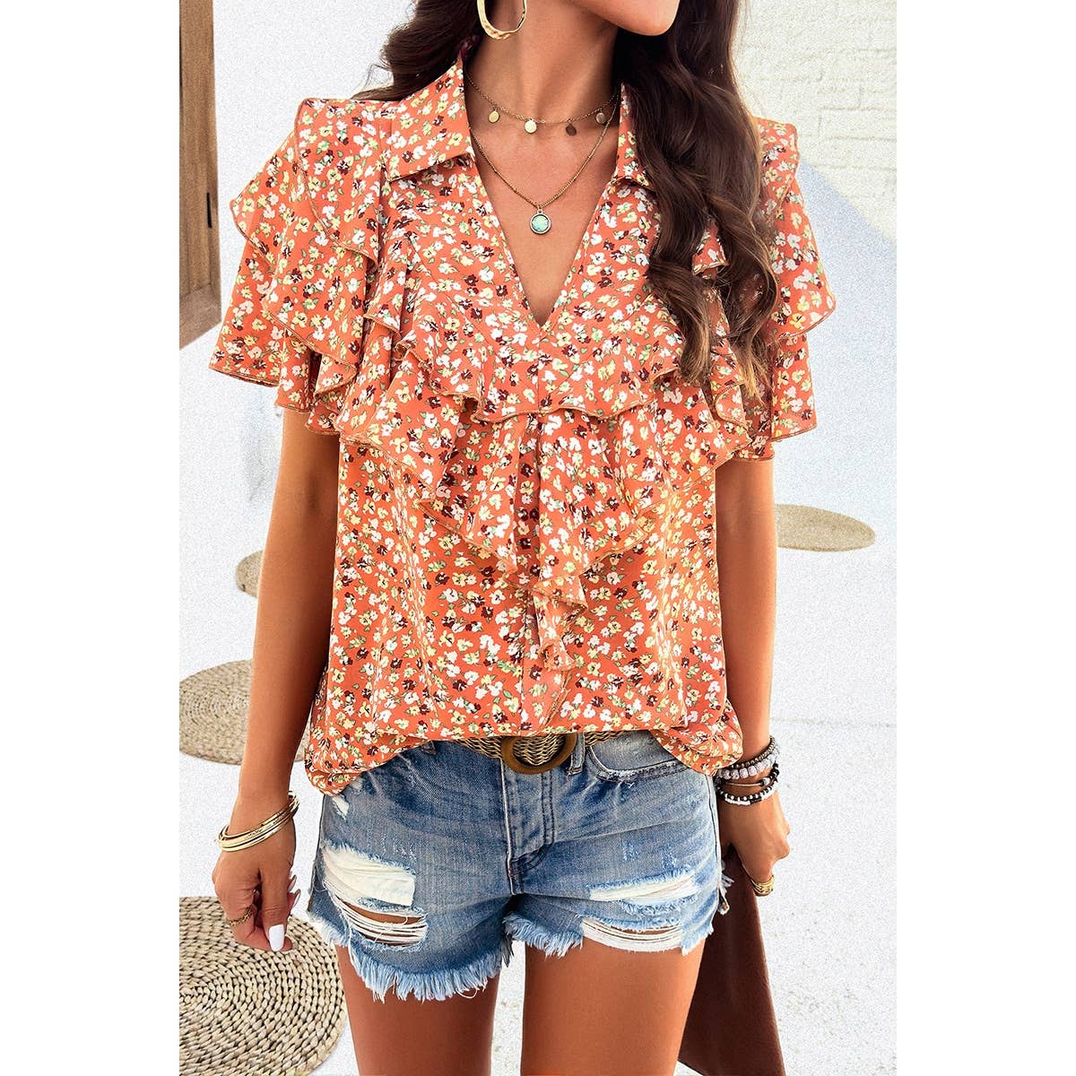 V Neck Heavy Ruffle Ditsy Print Collar Blouse - MVTFASHION.COM