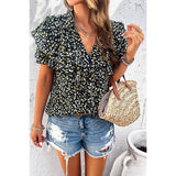 V Neck Heavy Ruffle Ditsy Print Collar Blouse - MVTFASHION.COM