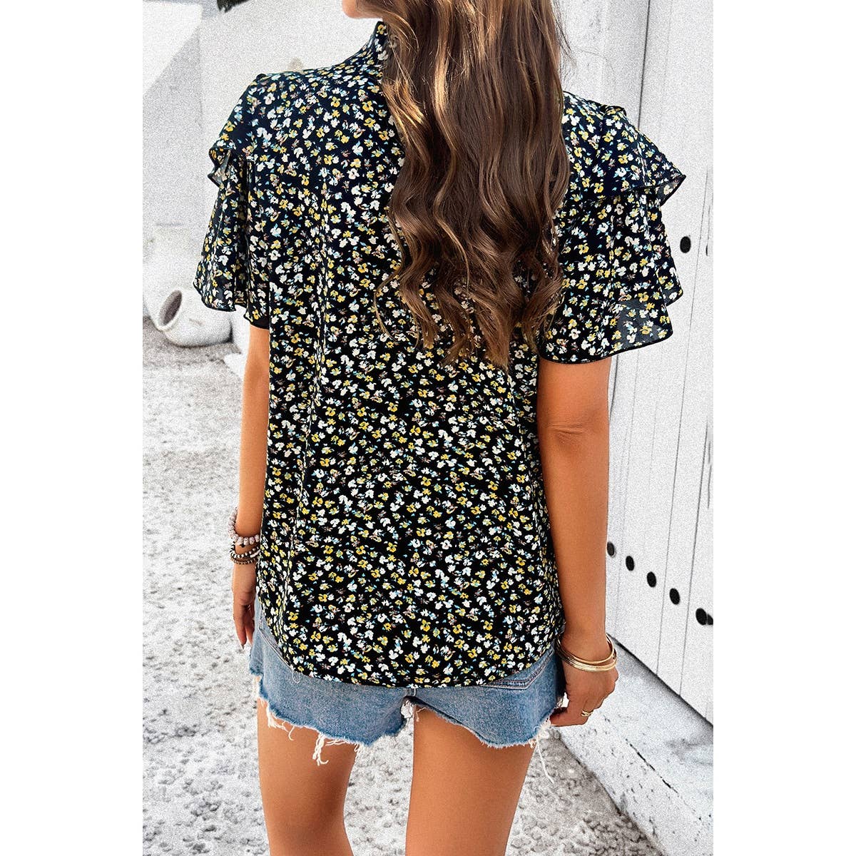 V Neck Heavy Ruffle Ditsy Print Collar Blouse - MVTFASHION.COM