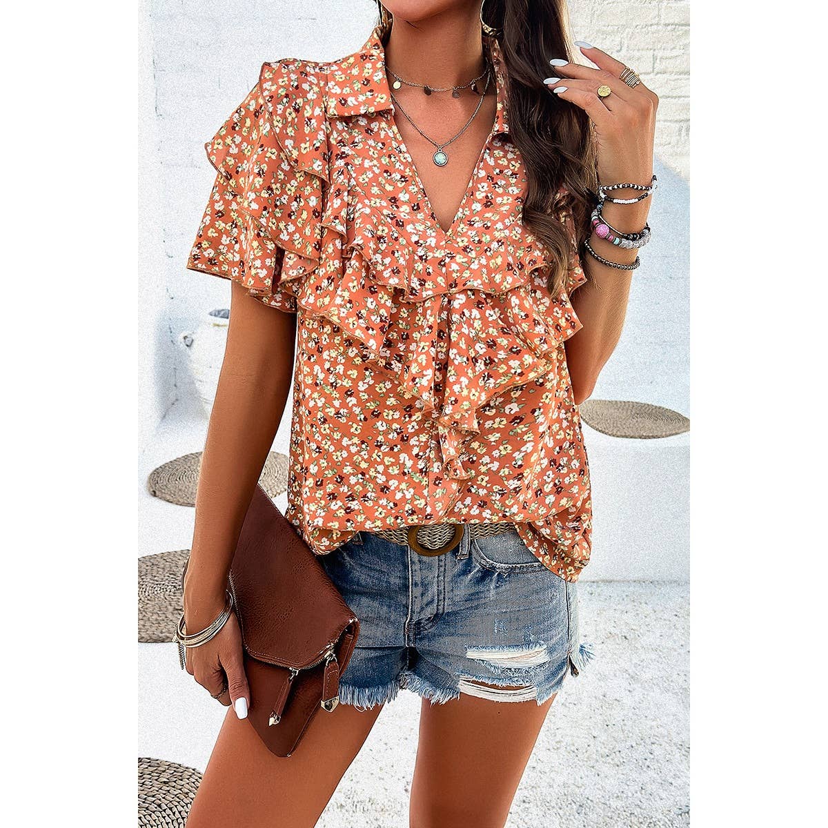 V Neck Heavy Ruffle Ditsy Print Collar Blouse - MVTFASHION.COM