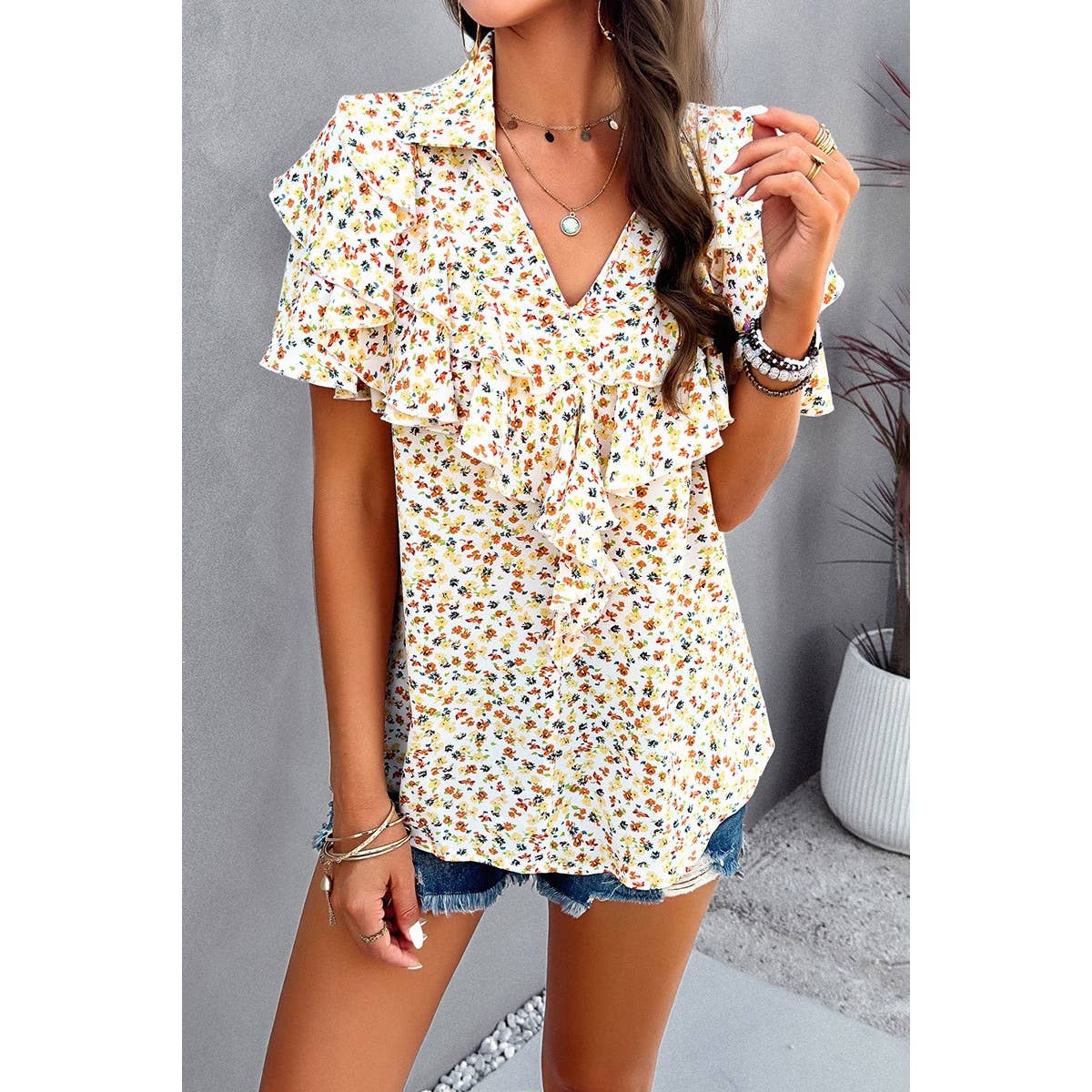 V Neck Heavy Ruffle Ditsy Print Collar Blouse - MVTFASHION.COM