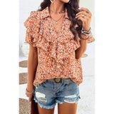 V Neck Heavy Ruffle Ditsy Print Collar Blouse - MVTFASHION.COM