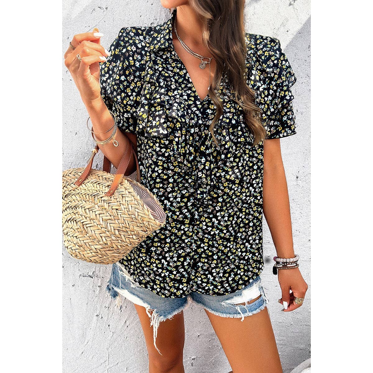 V Neck Heavy Ruffle Ditsy Print Collar Blouse - MVTFASHION.COM