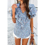 V Neck Heavy Ruffle Ditsy Print Collar Blouse - MVTFASHION.COM