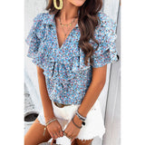 V Neck Heavy Ruffle Ditsy Print Collar Blouse - MVTFASHION.COM