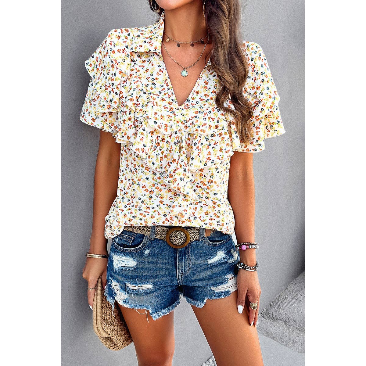 V Neck Heavy Ruffle Ditsy Print Collar Blouse - MVTFASHION.COM