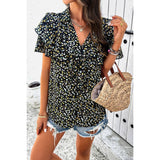 V Neck Heavy Ruffle Ditsy Print Collar Blouse - MVTFASHION.COM