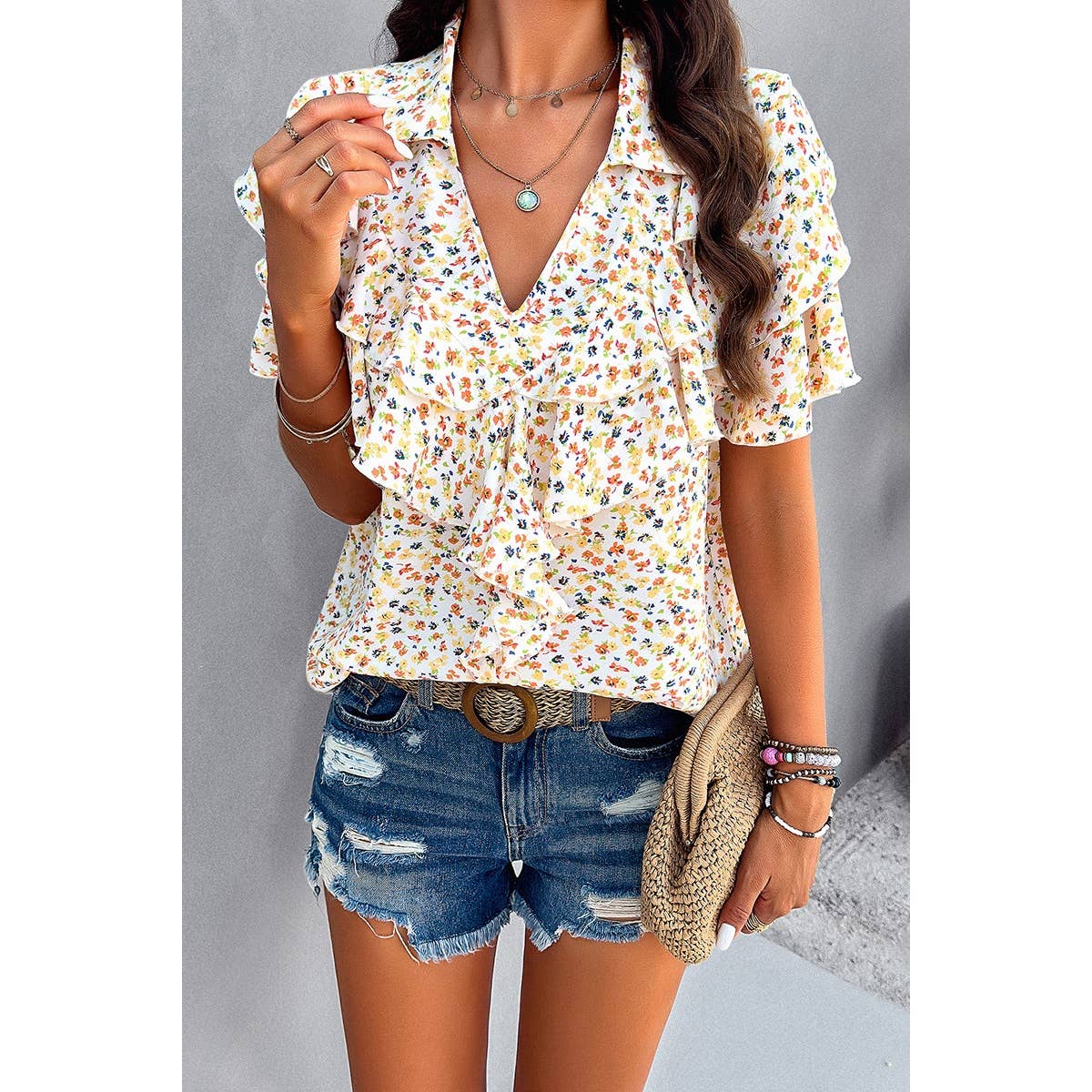 V Neck Heavy Ruffle Ditsy Print Collar Blouse - MVTFASHION.COM