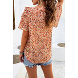 V Neck Heavy Ruffle Ditsy Print Collar Blouse - MVTFASHION.COM