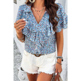 V Neck Heavy Ruffle Ditsy Print Collar Blouse - MVTFASHION.COM