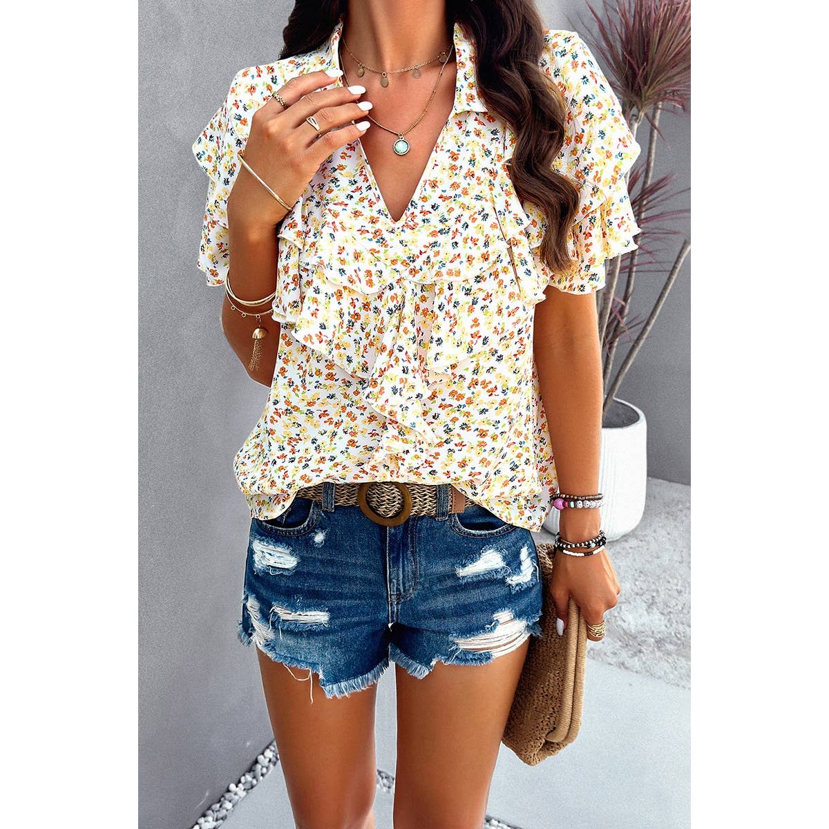 V Neck Heavy Ruffle Ditsy Print Collar Blouse - MVTFASHION.COM