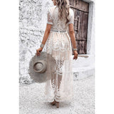 V Neck Lace Floral Solid Lined A Line Long Dress - MVTFASHION.COM