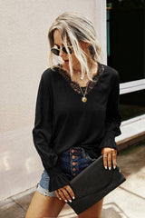 V NECK LACE LONG SLEEVES TOP - MVTFASHION.COM