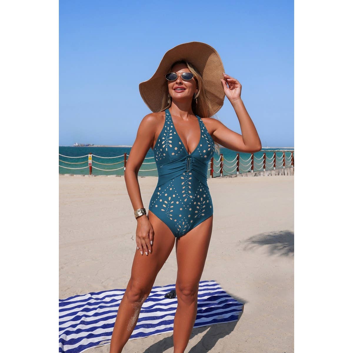 V Neck Pleated Hollow Out Stretch Swimsuit - MVTFASHION.COM