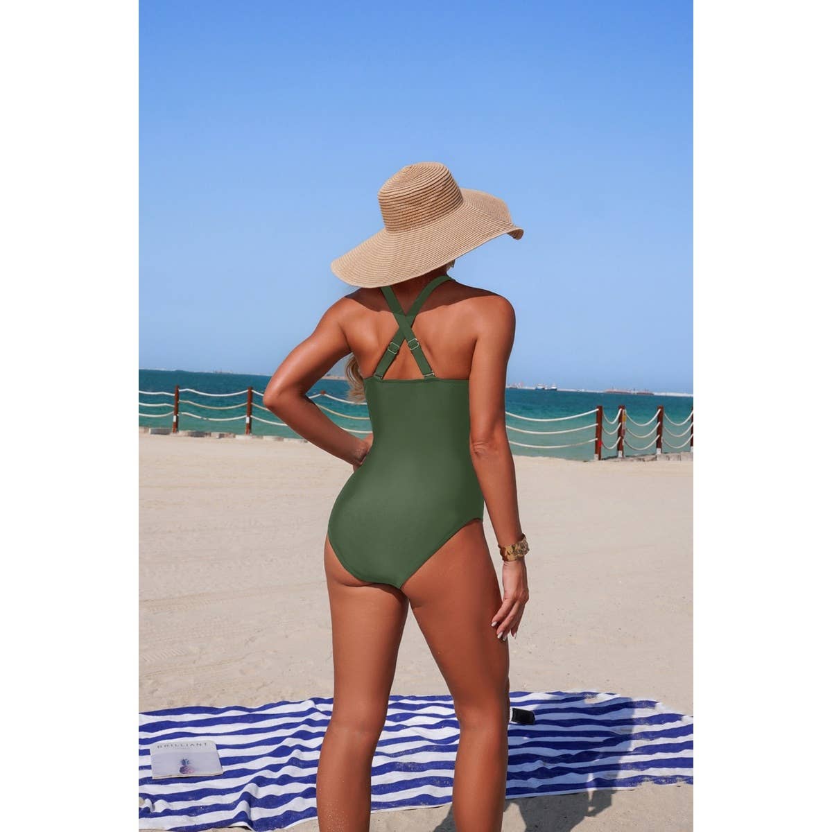 V Neck Pleated Hollow Out Stretch Swimsuit - MVTFASHION.COM