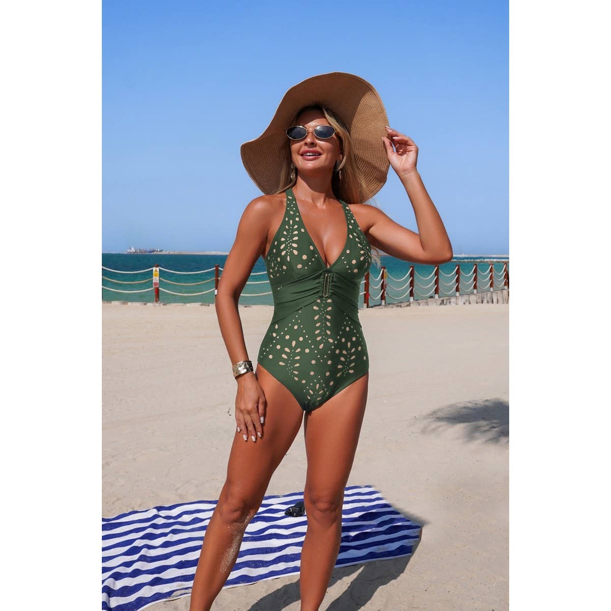 V Neck Pleated Hollow Out Stretch Swimsuit - MVTFASHION.COM
