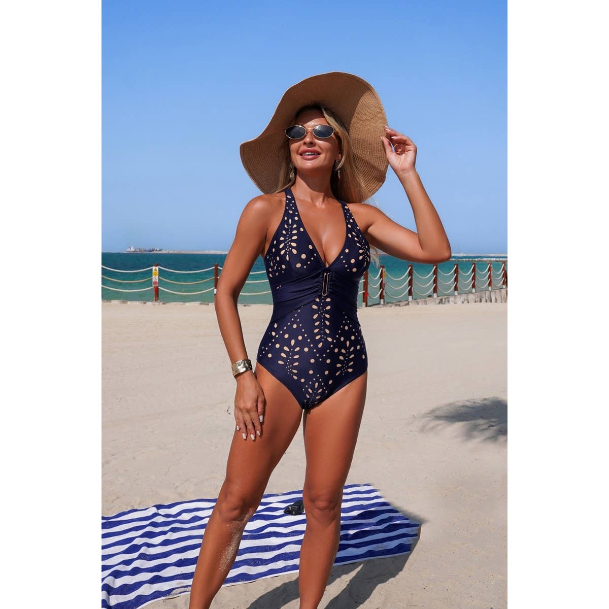 V Neck Pleated Hollow Out Stretch Swimsuit - MVTFASHION.COM