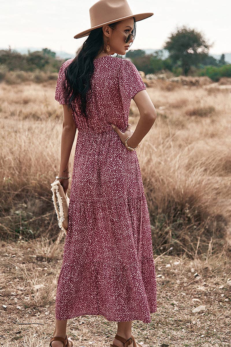 V Neck Polka Dot Short Sleeve Dress - MVTFASHION.COM