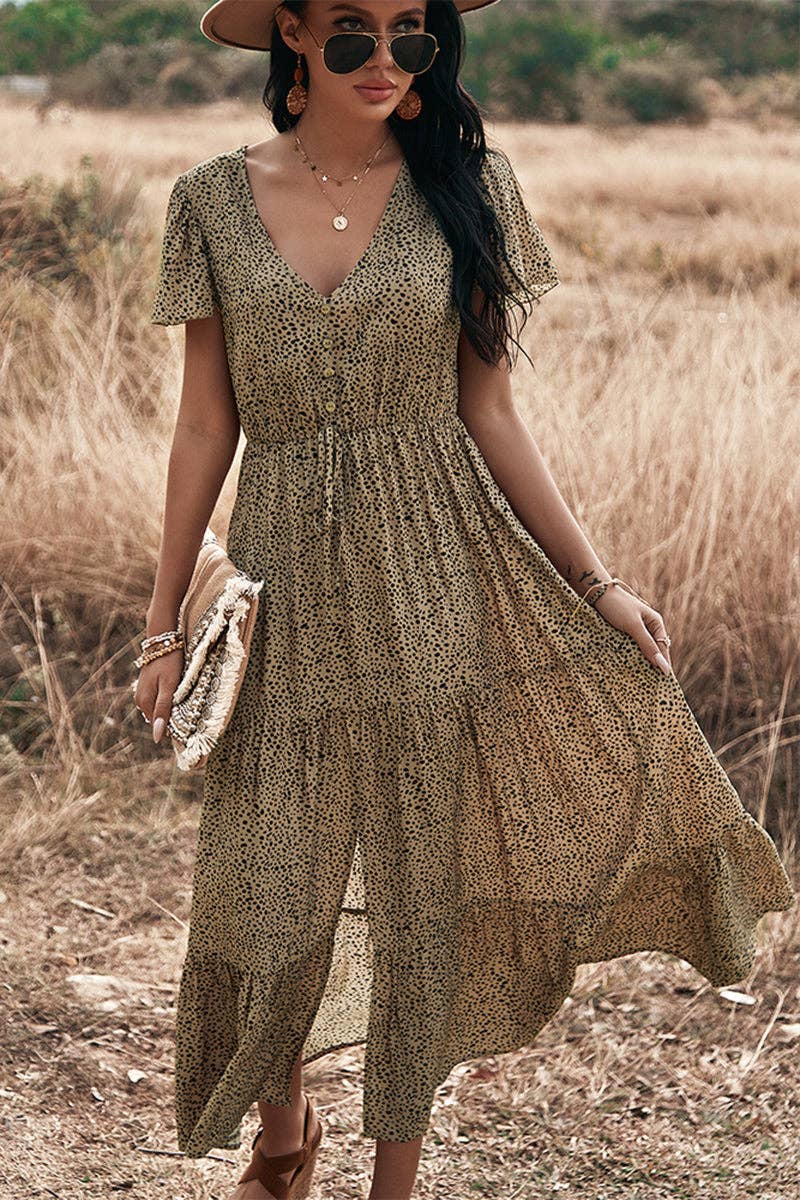 V Neck Polka Dot Short Sleeve Dress - MVTFASHION.COM