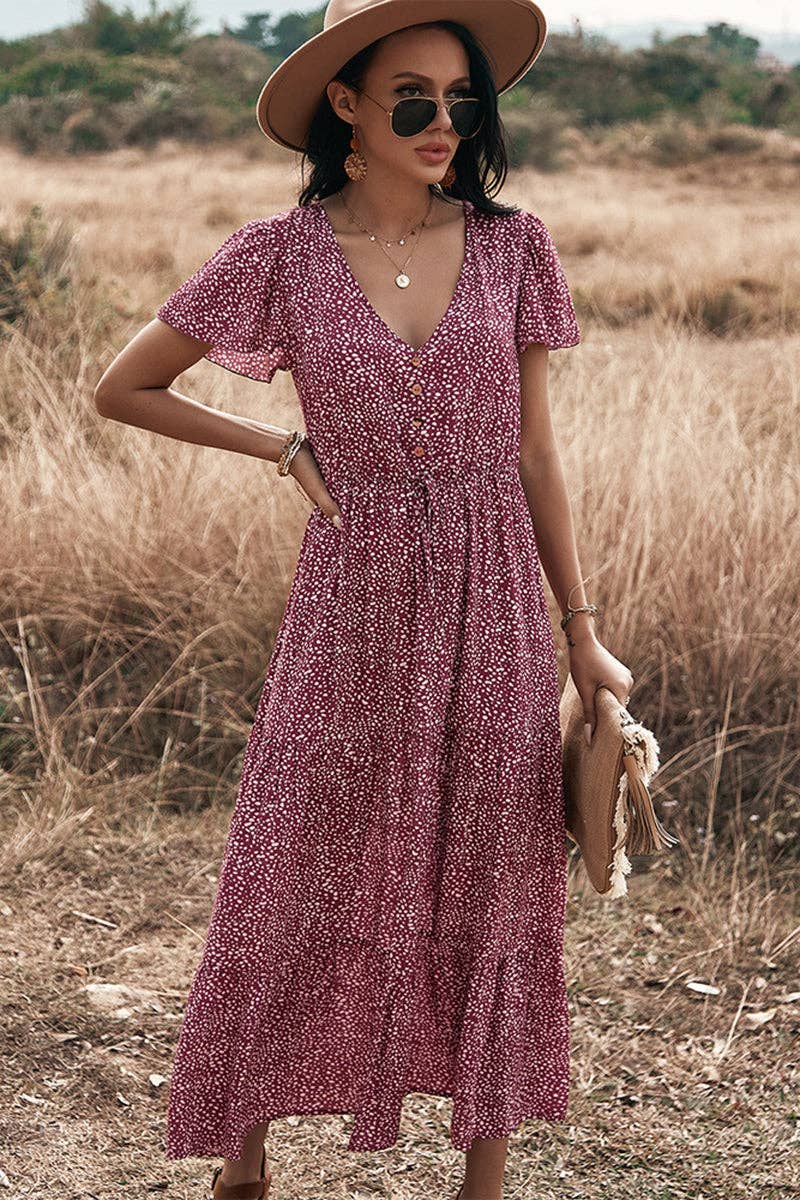 V Neck Polka Dot Short Sleeve Dress - MVTFASHION.COM