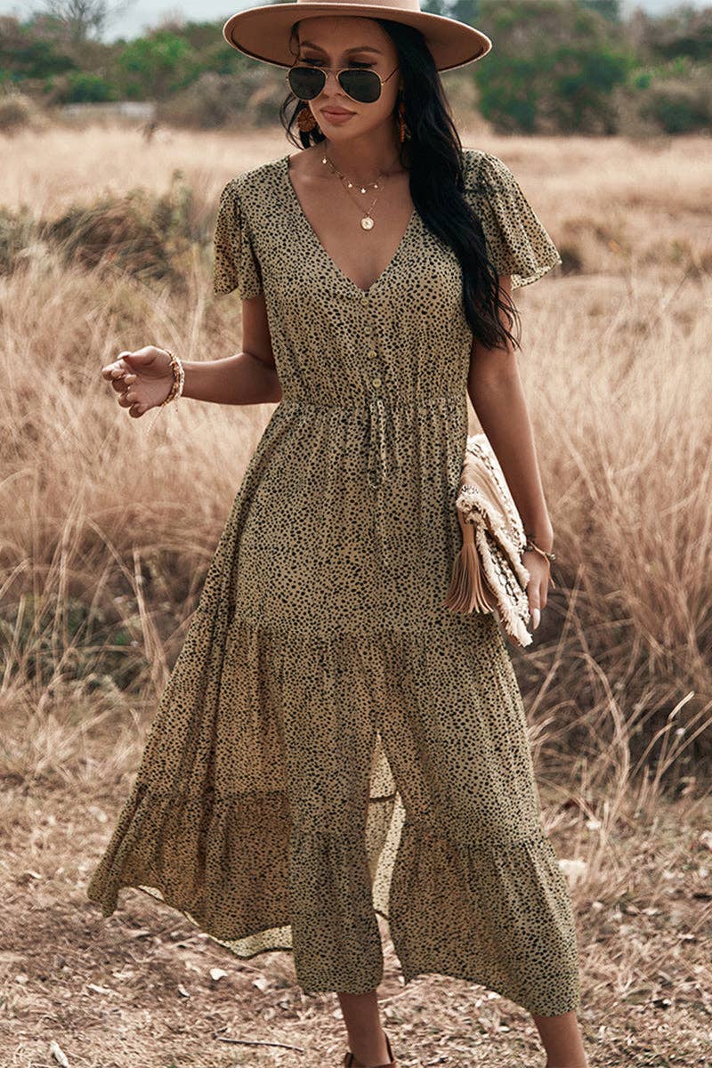 V Neck Polka Dot Short Sleeve Dress - MVTFASHION.COM