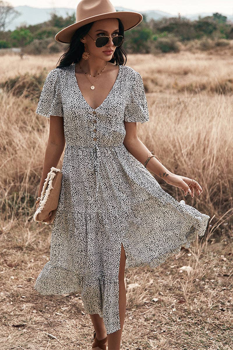 V Neck Polka Dot Short Sleeve Dress - MVTFASHION.COM