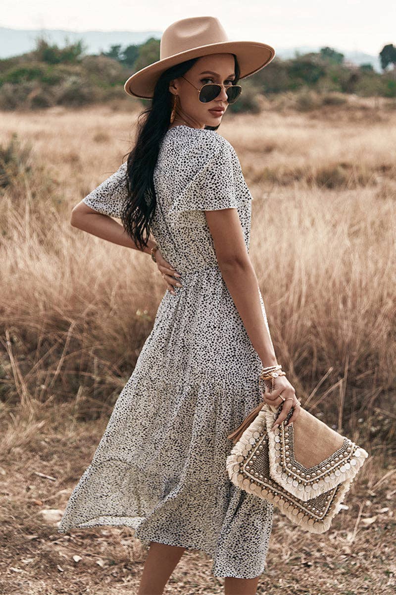 V Neck Polka Dot Short Sleeve Dress - MVTFASHION.COM