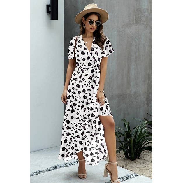 V Neck Print Waist Tie Dress - MVTFASHION.COM