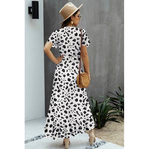 V Neck Print Waist Tie Dress - MVTFASHION.COM