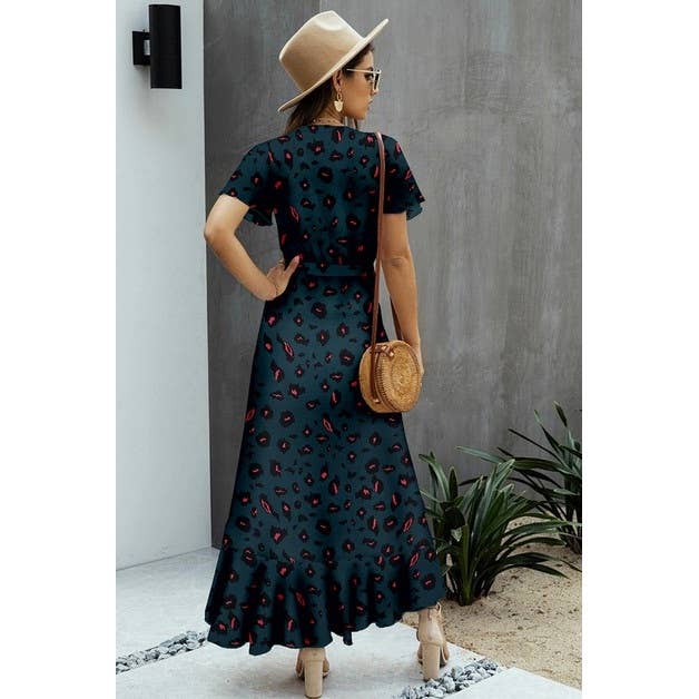 V Neck Print Waist Tie Dress - MVTFASHION.COM