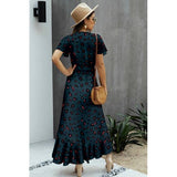 V Neck Print Waist Tie Dress - MVTFASHION.COM