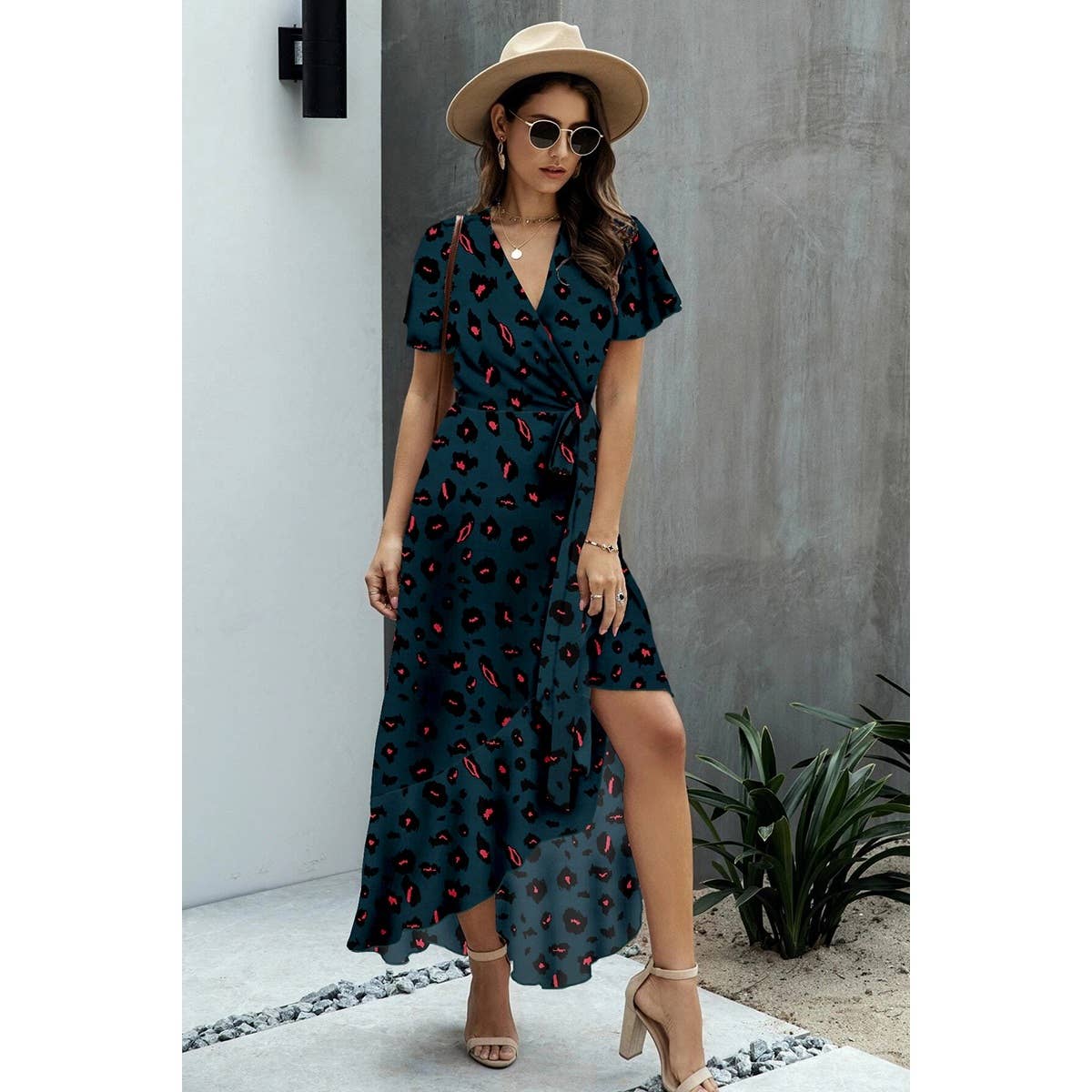 V Neck Print Waist Tie Dress - MVTFASHION.COM