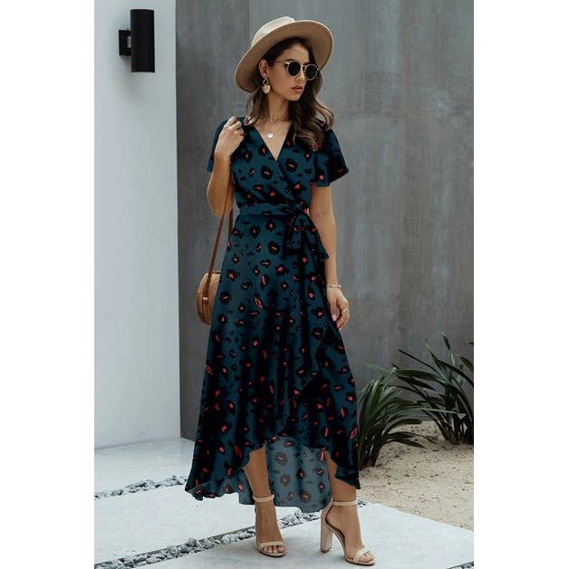 V Neck Print Waist Tie Dress - MVTFASHION.COM