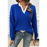 V Neck Ruffle Frilled Hem Solid Knit Sweater - MVTFASHION.COM