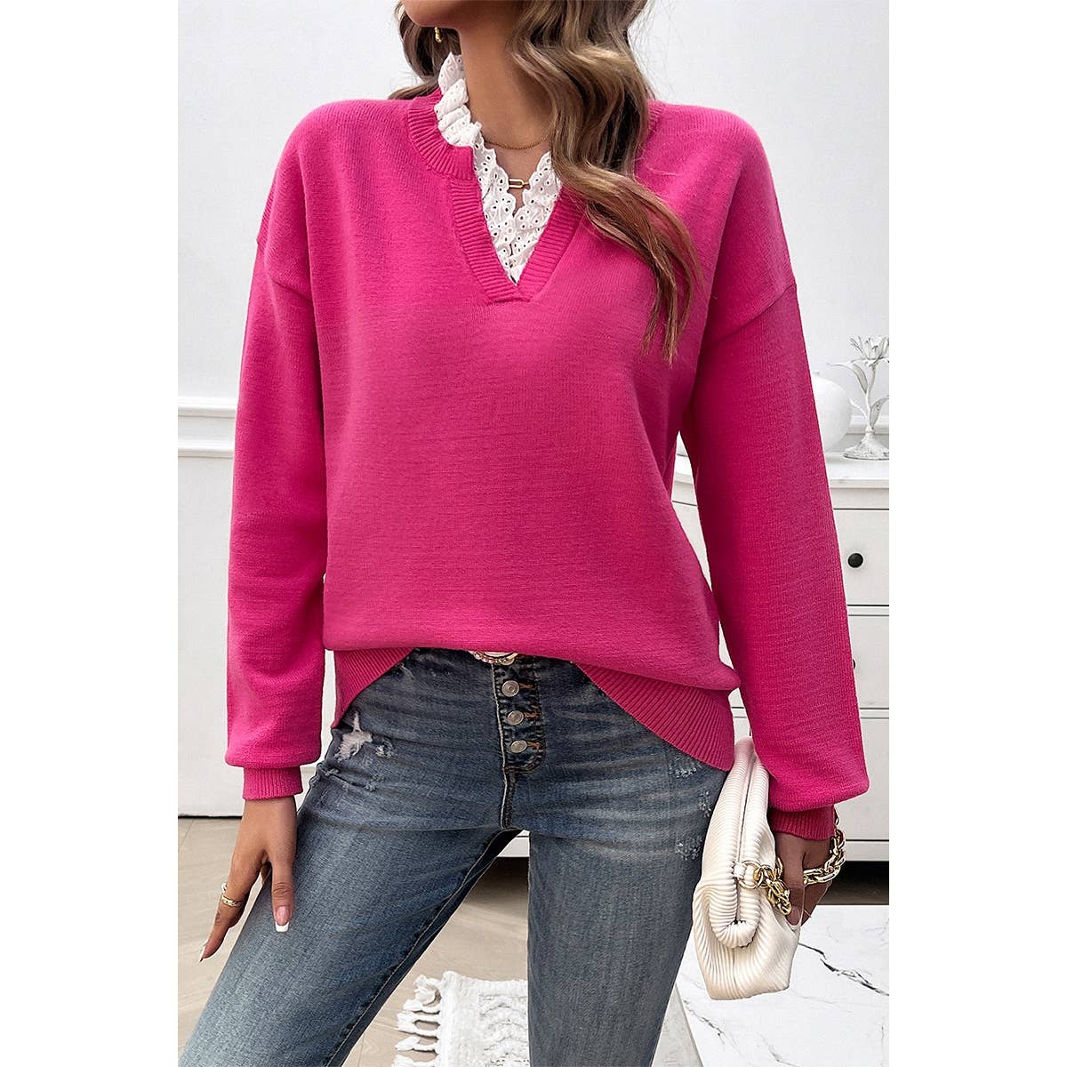 V Neck Ruffle Frilled Hem Solid Knit Sweater - MVTFASHION.COM