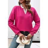 V Neck Ruffle Frilled Hem Solid Knit Sweater - MVTFASHION.COM