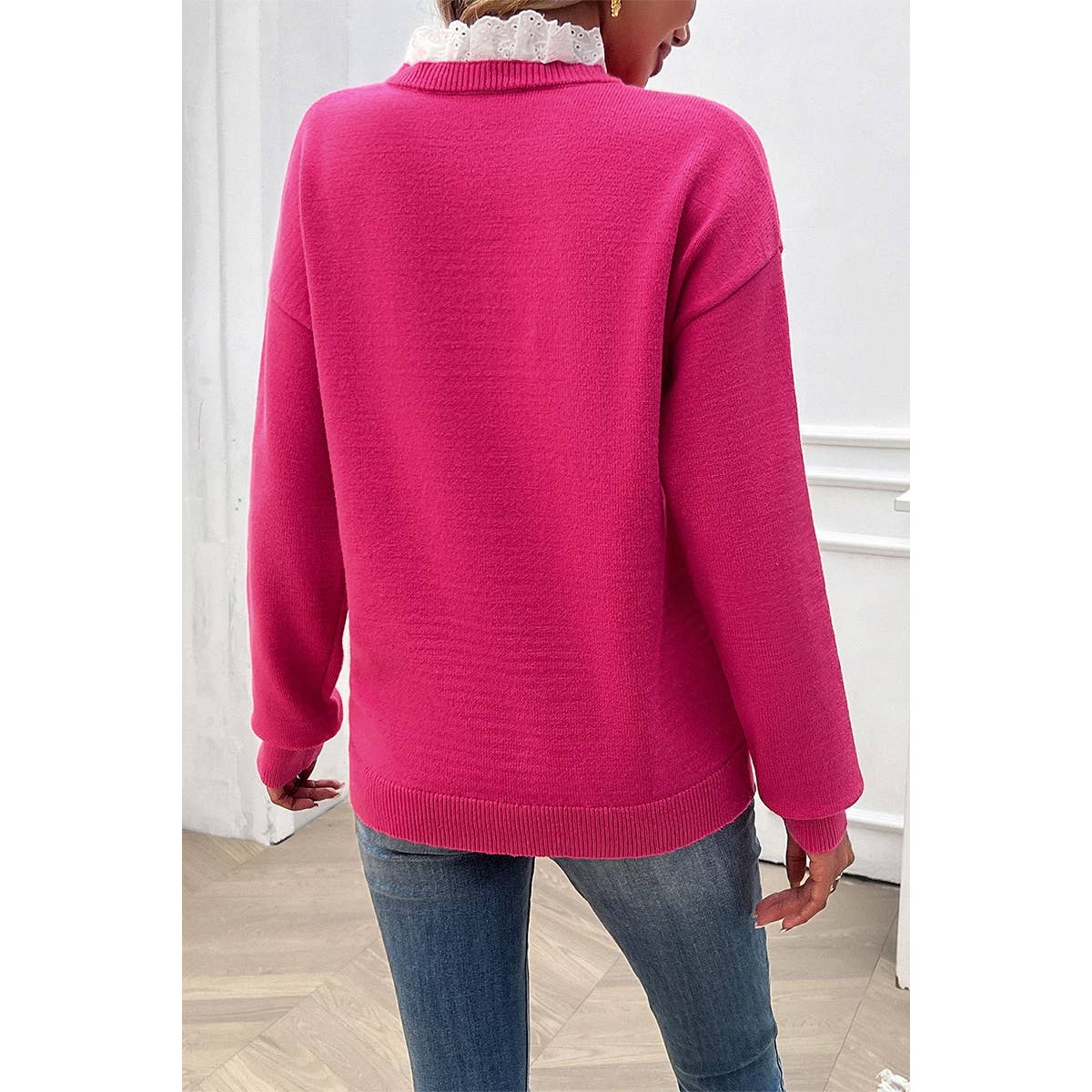 V Neck Ruffle Frilled Hem Solid Knit Sweater - MVTFASHION.COM